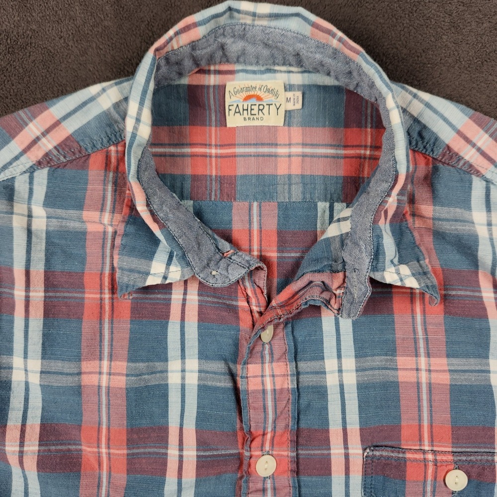 Faherty Shirt Mens Medium Blue Red Plaid Natural Indigo Dyed Cotton Button Down
